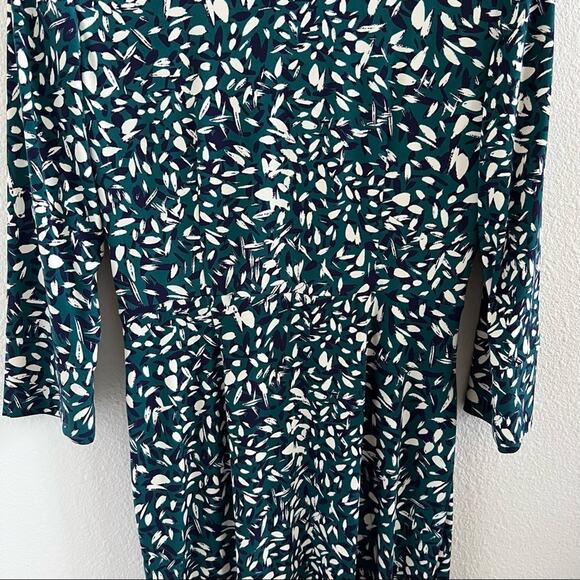 Eliza J Faux Wrap Collared Green Cream Navy Brushstroke Dress 6 - Picture 8 of 14